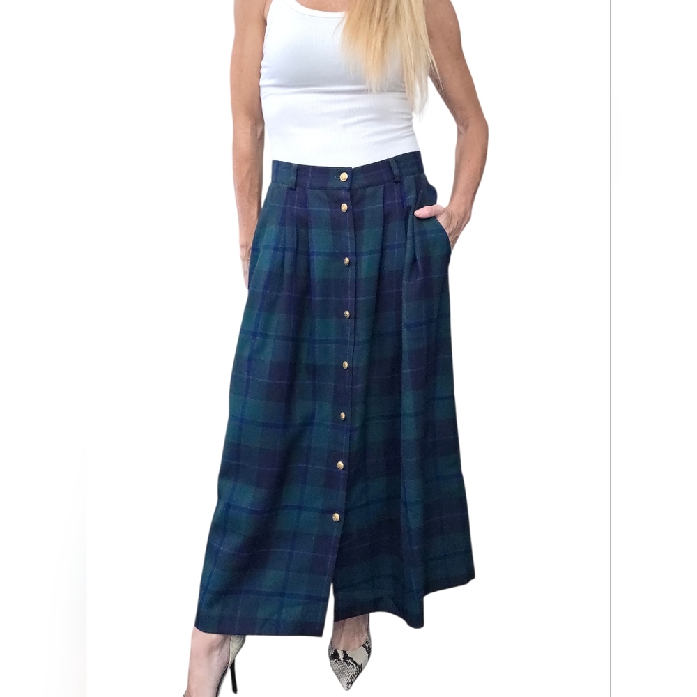 Vintage 90s Plaid Wool Midi Skirt Size 12 Green Tartan Button Front